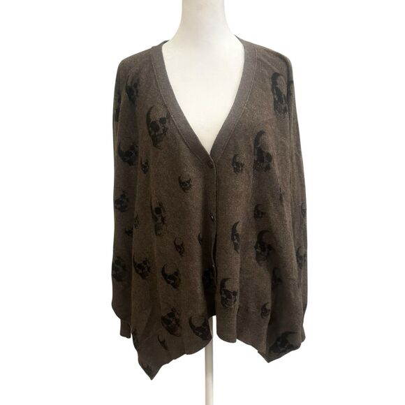 Skull Cashmere Sweaters - Skull Cashmere Women's Brown Skull Print Cardigan Cashmere Sweater  Size S